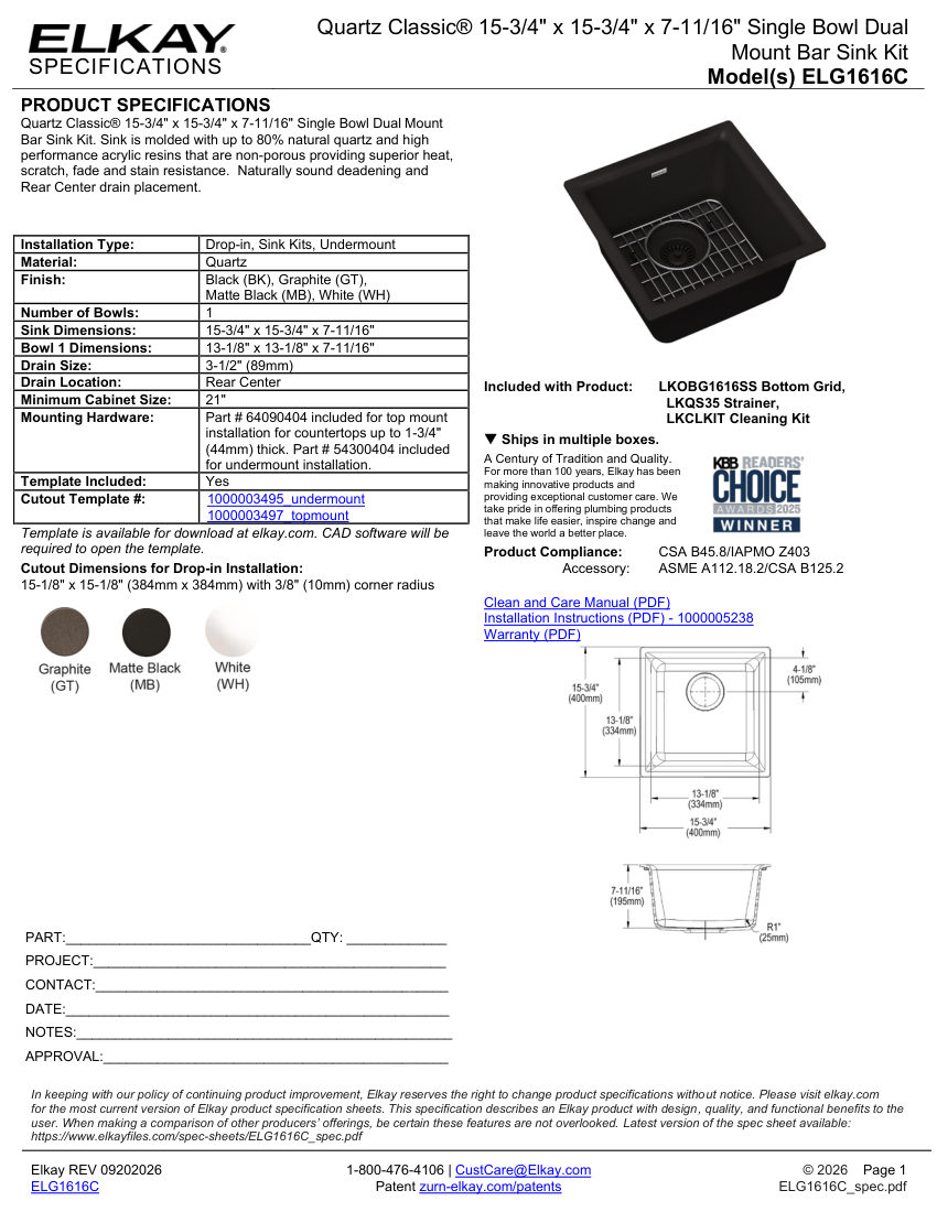 Elkay ELG1616MB0C cut sheet — first page