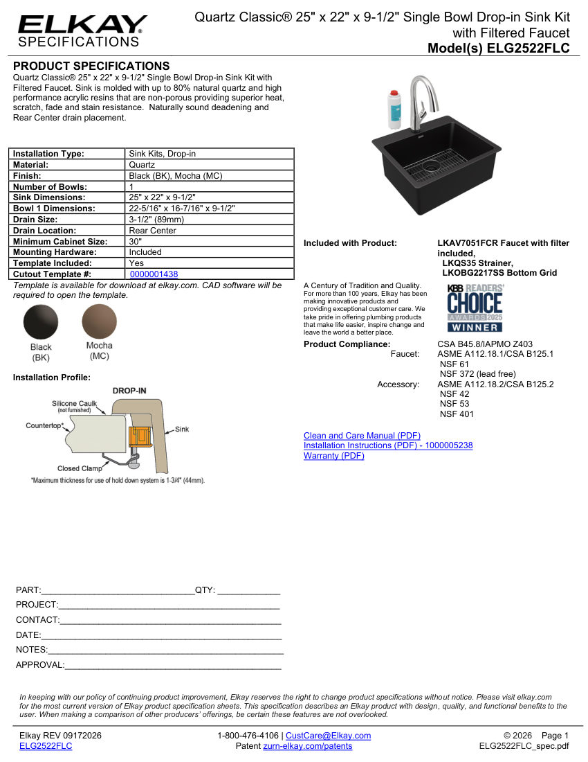 Elkay ELG2522GS0FLC cut sheet — first page
