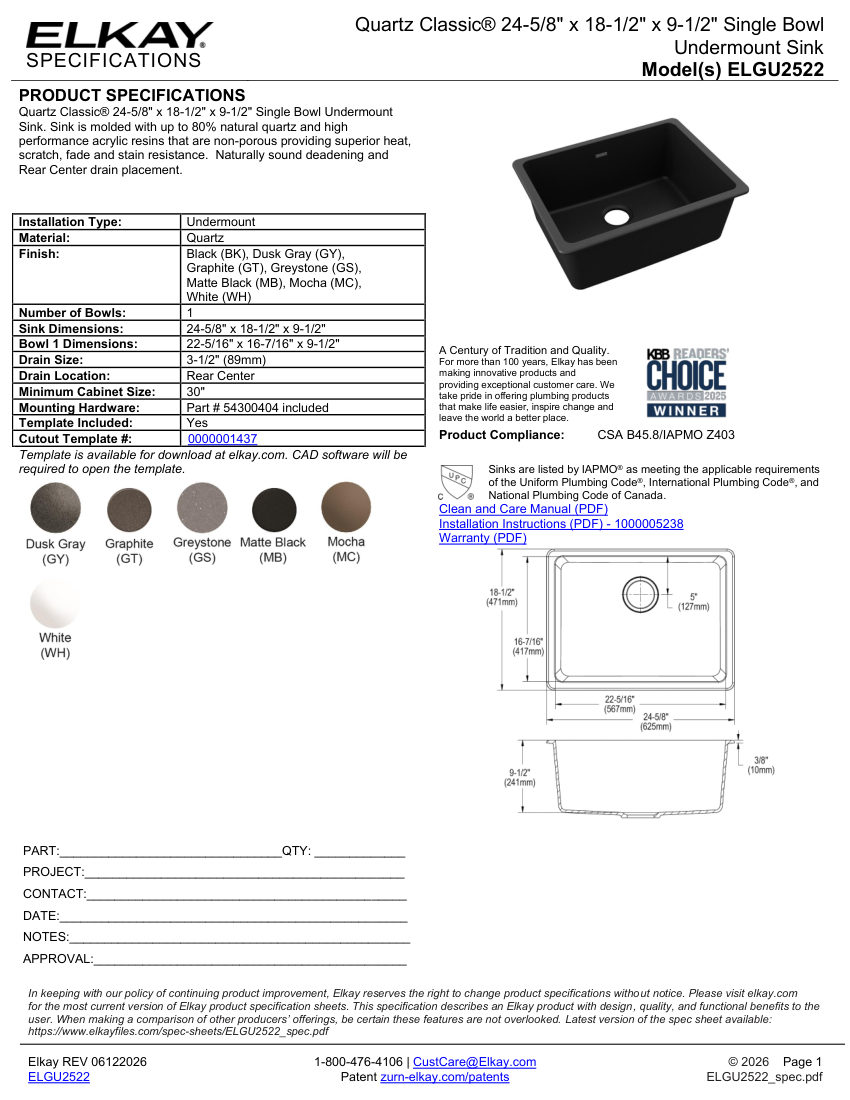 Elkay ELGU2522MB0 cut sheet — first page
