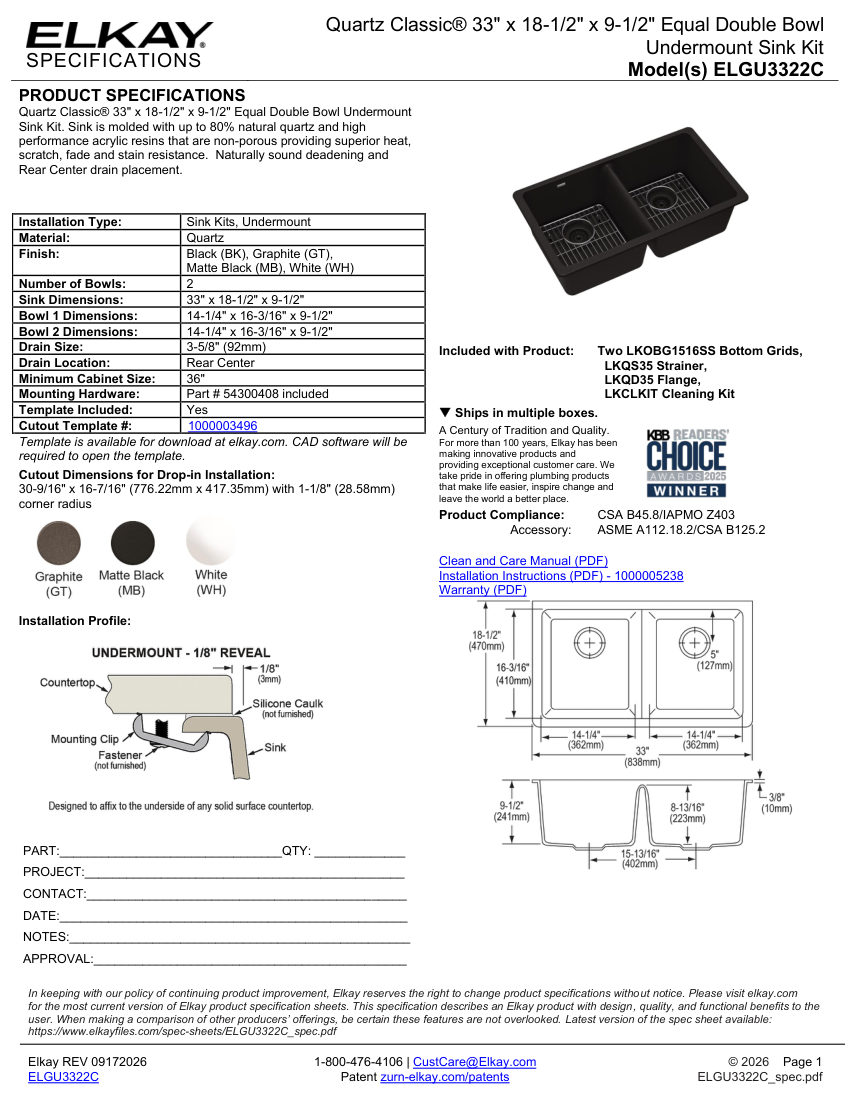 Elkay ELGU3322GT0C cut sheet — first page