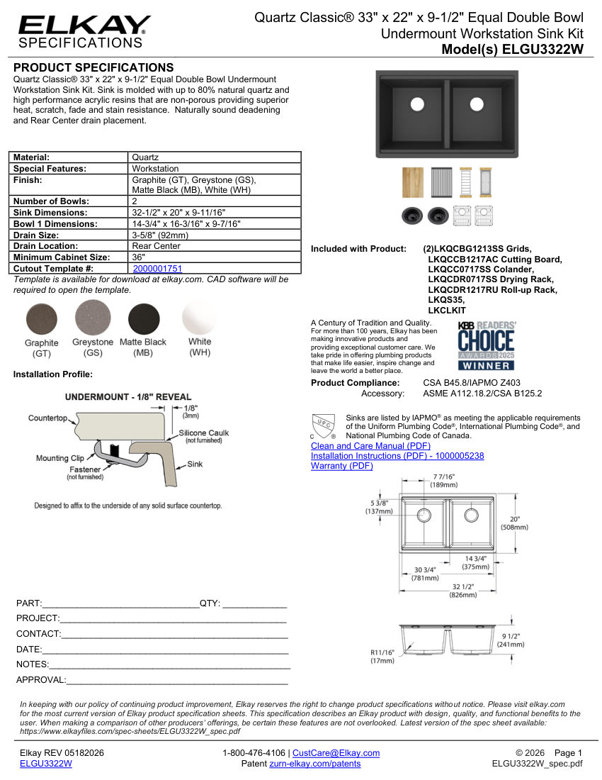 Elkay ELGU3322WMB0 cut sheet — first page