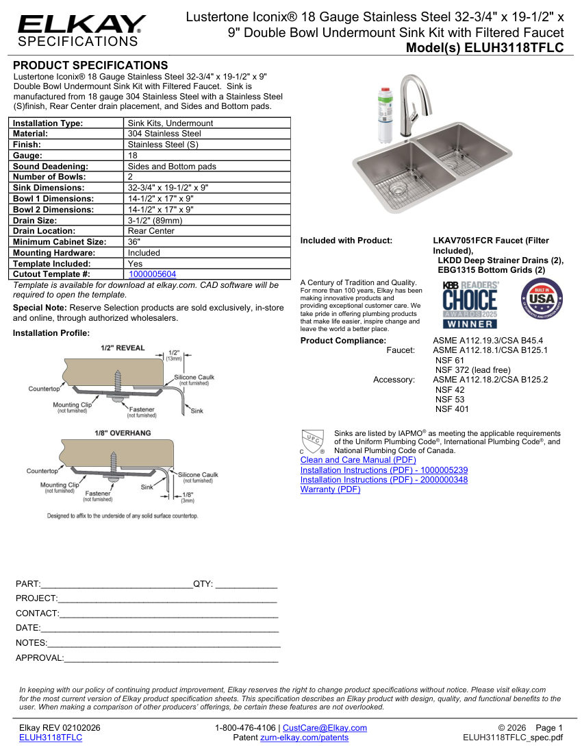 Elkay ELUH3118TFLC cut sheet — first page
