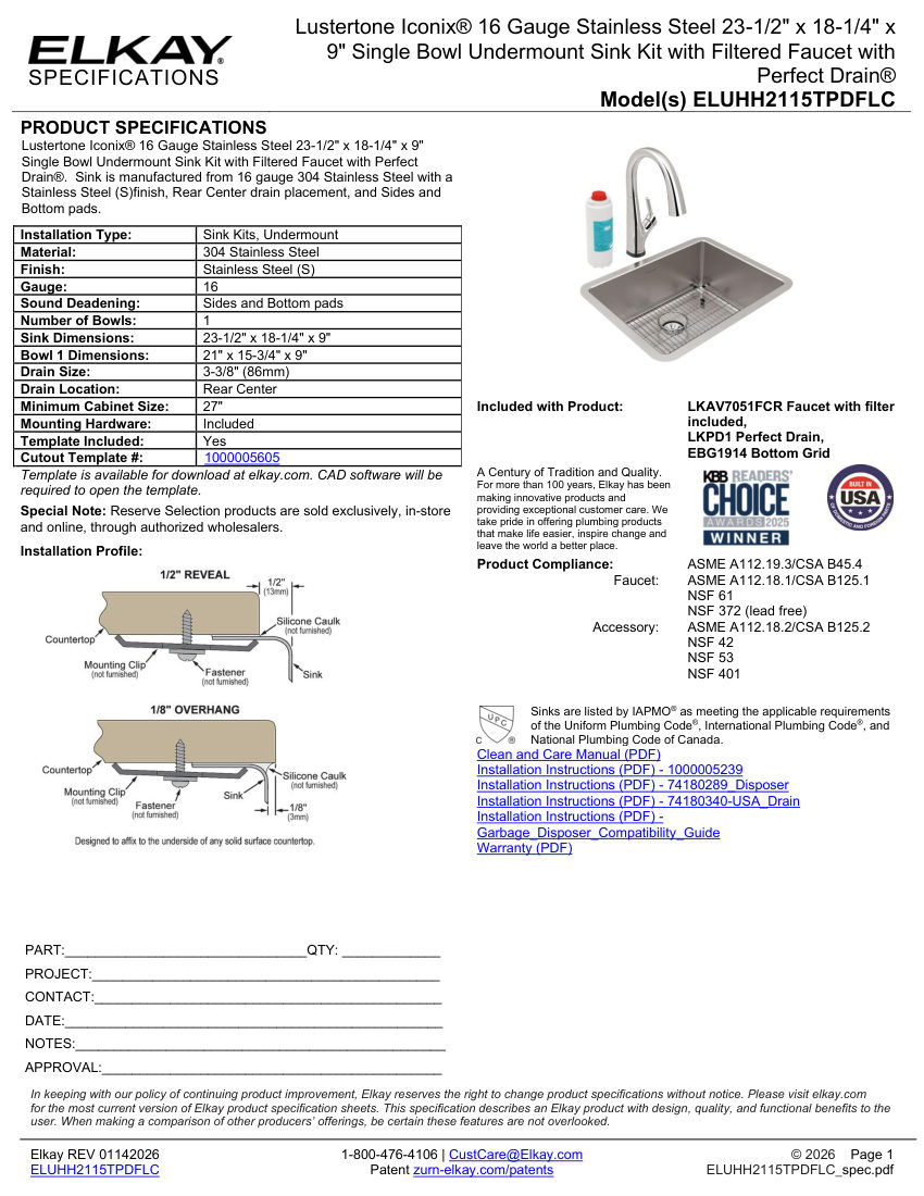 Elkay ELUHH2115TPDFLC cut sheet — first page