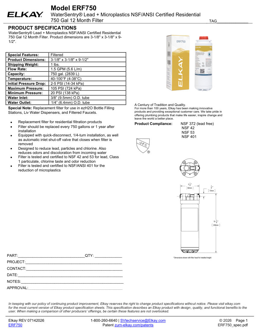 Elkay ERF750 cut sheet — first page