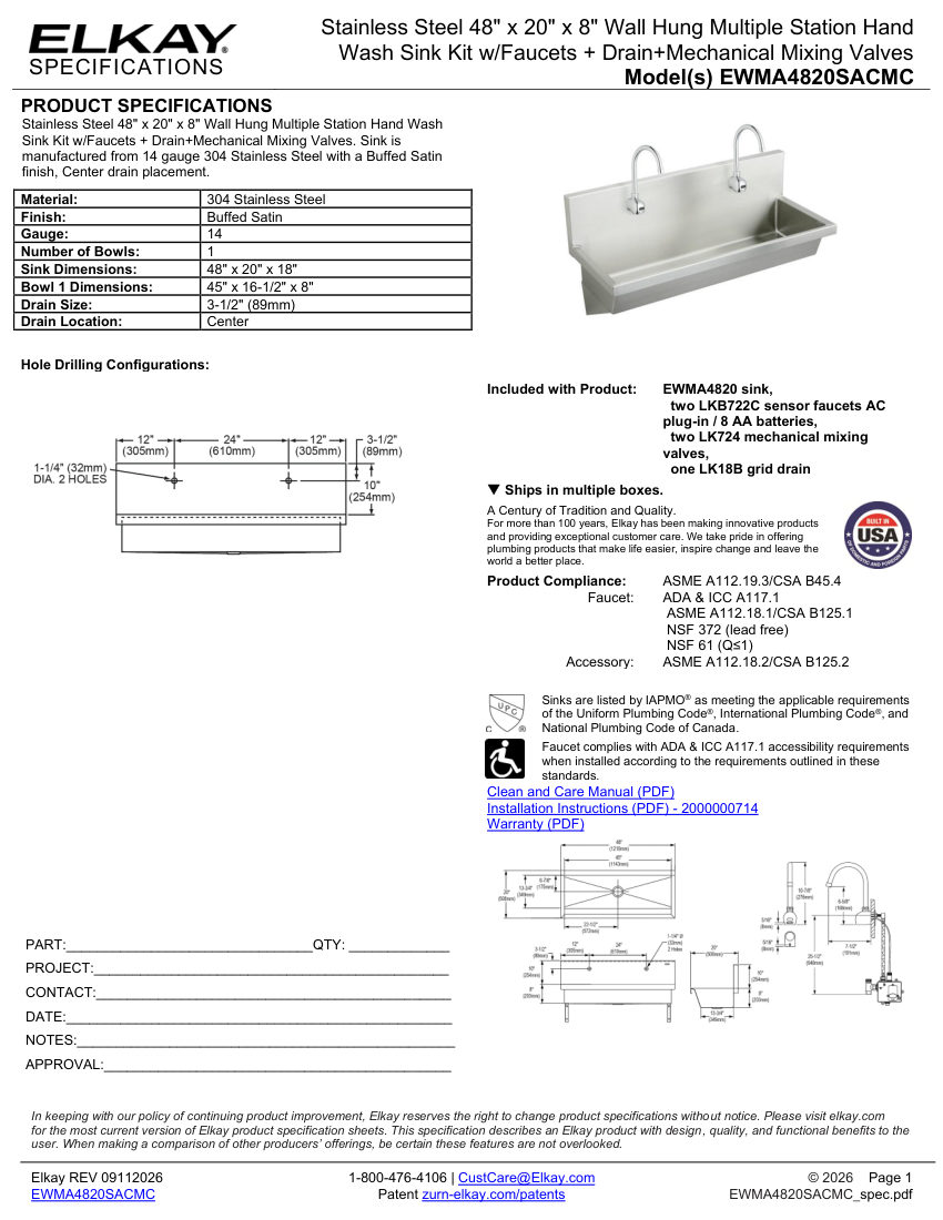Elkay EWMA4820SACMC cut sheet — first page