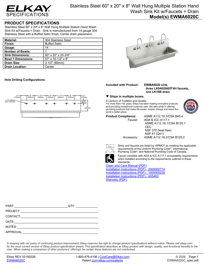 Elkay EWMA6020C cut sheet — first page