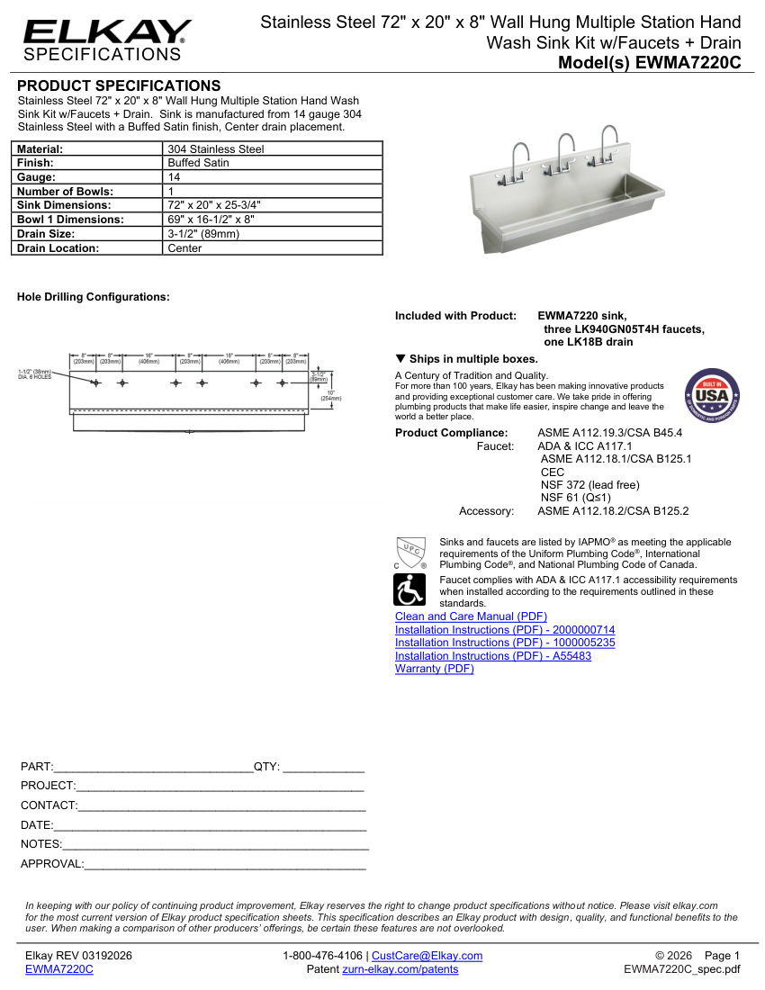 Elkay EWMA7220C cut sheet — first page