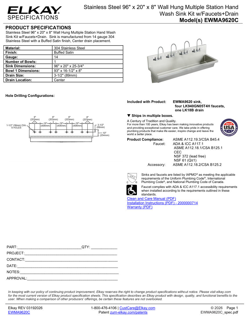 Elkay EWMA9620C cut sheet — first page