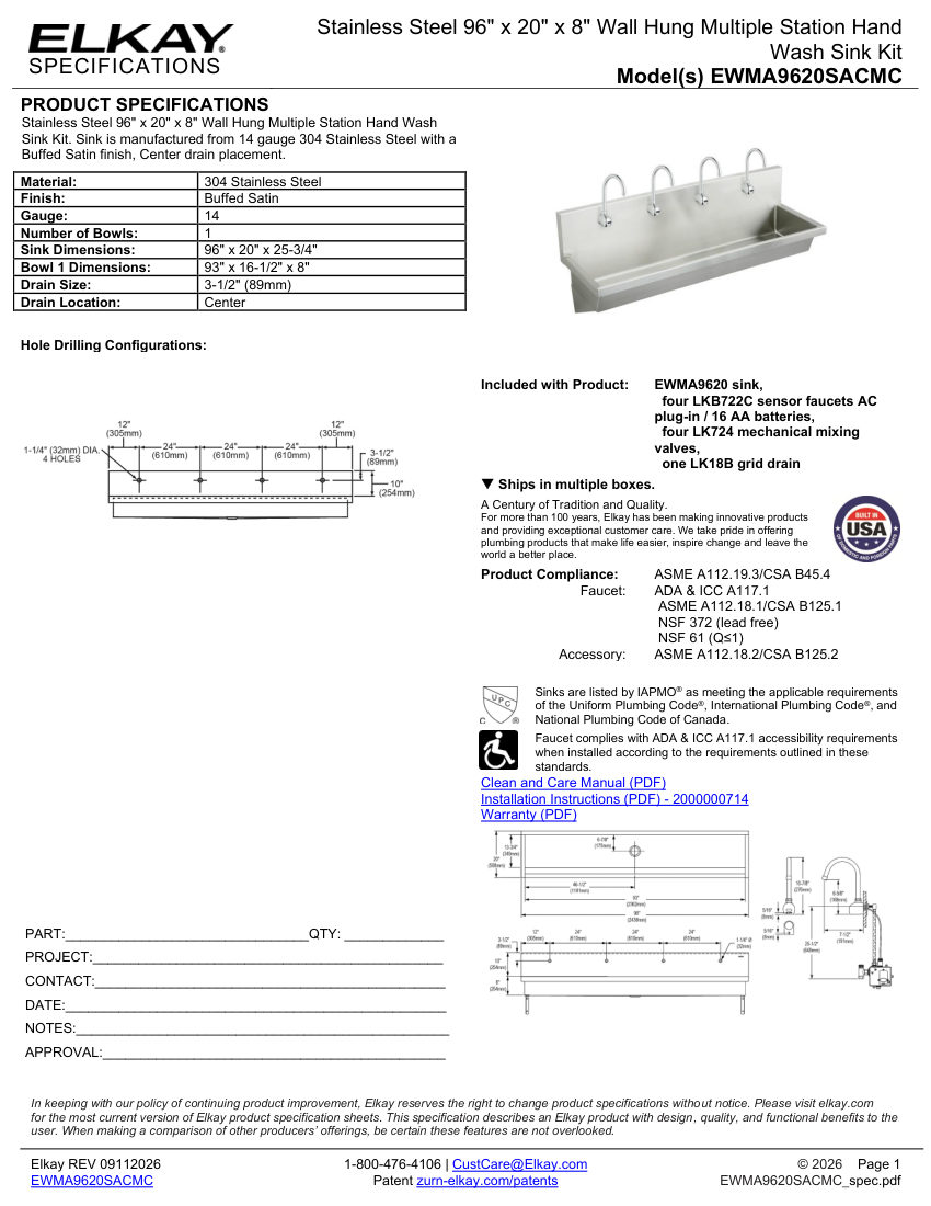 Elkay EWMA9620SACMC cut sheet — first page