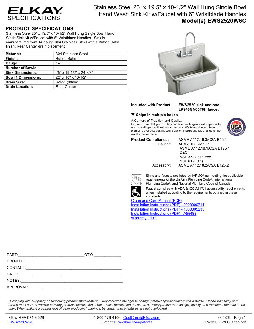 Elkay EWS2520W6C cut sheet — first page