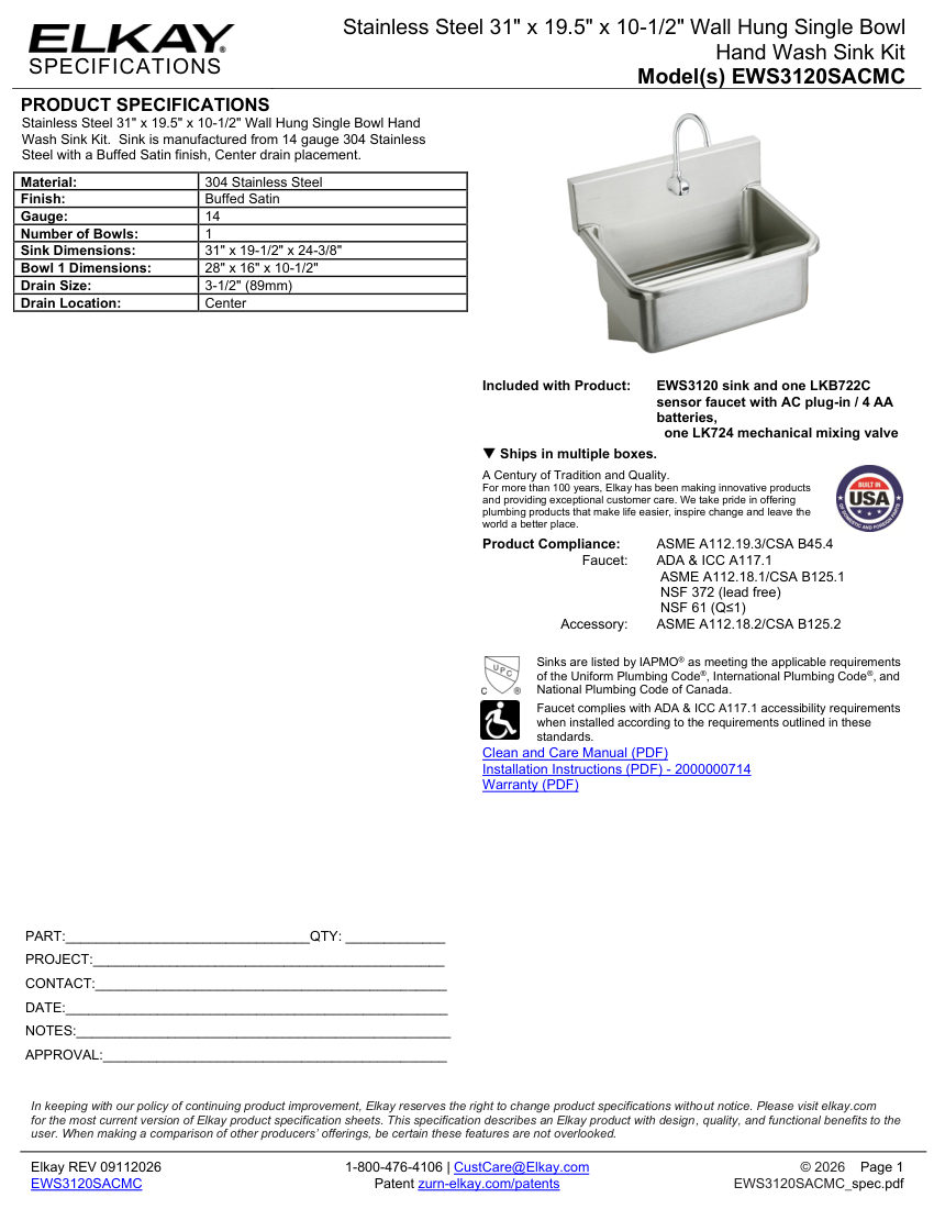 Elkay EWS3120SACMC cut sheet — first page