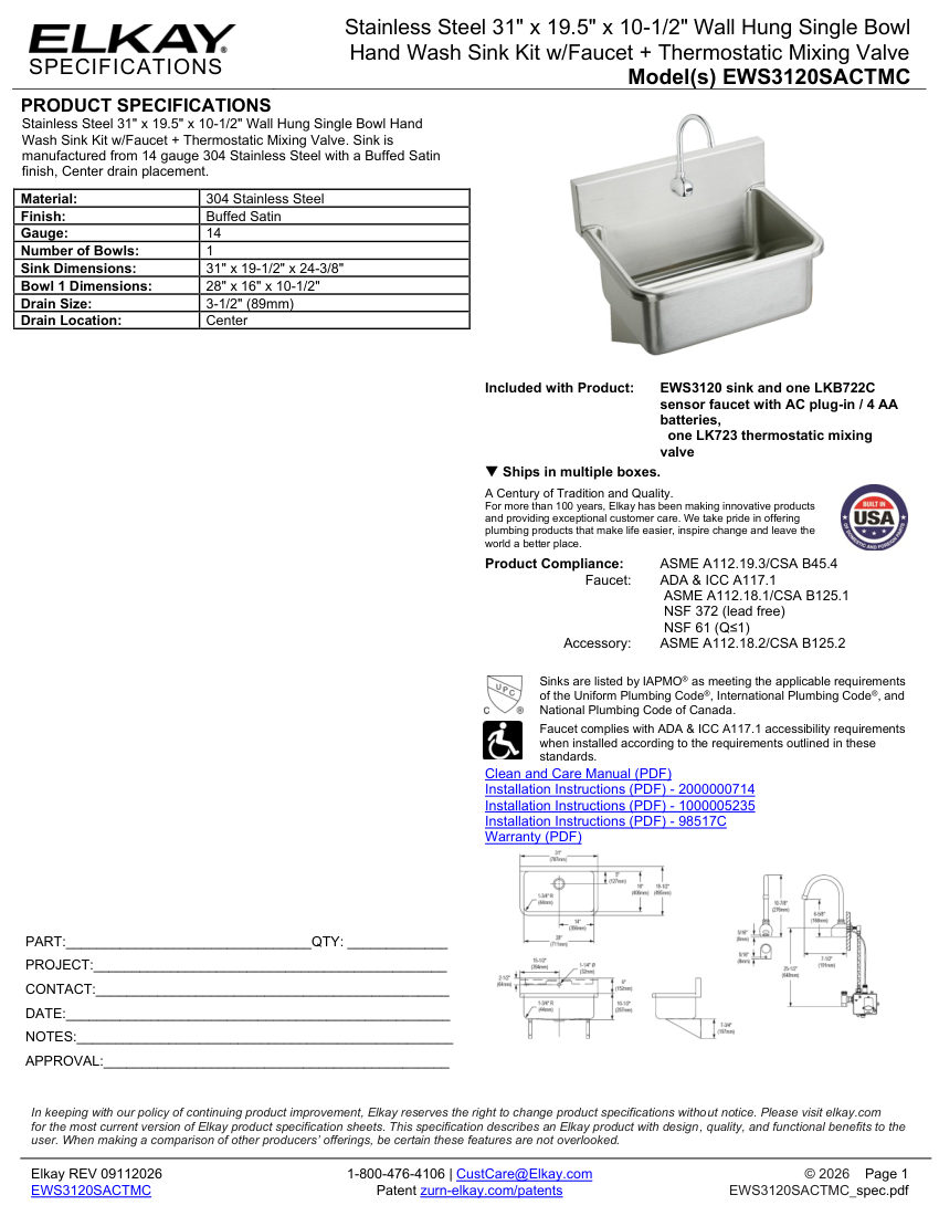 Elkay EWS3120SACTMC cut sheet — first page