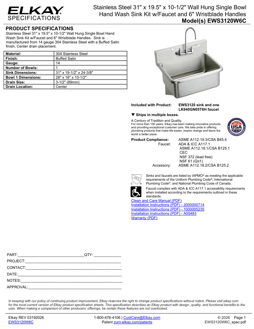 Elkay EWS3120W6C cut sheet — first page