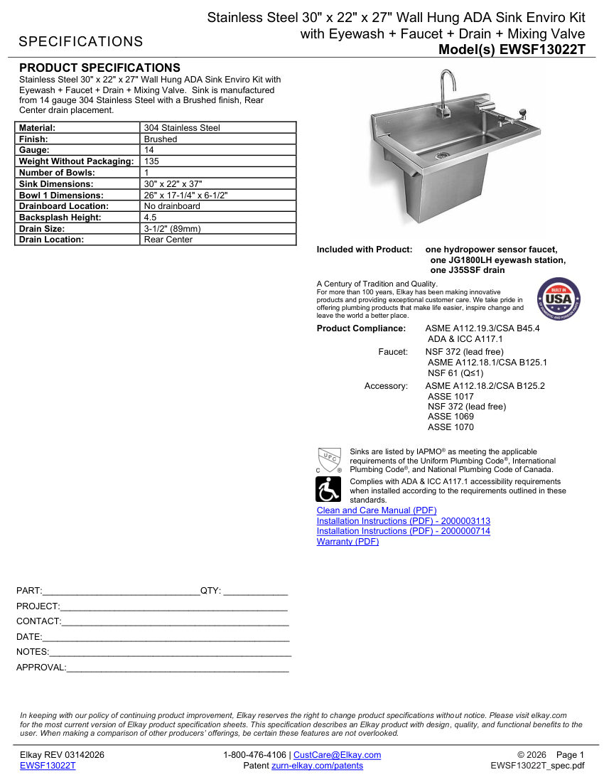 Elkay EWSF13022T cut sheet — first page