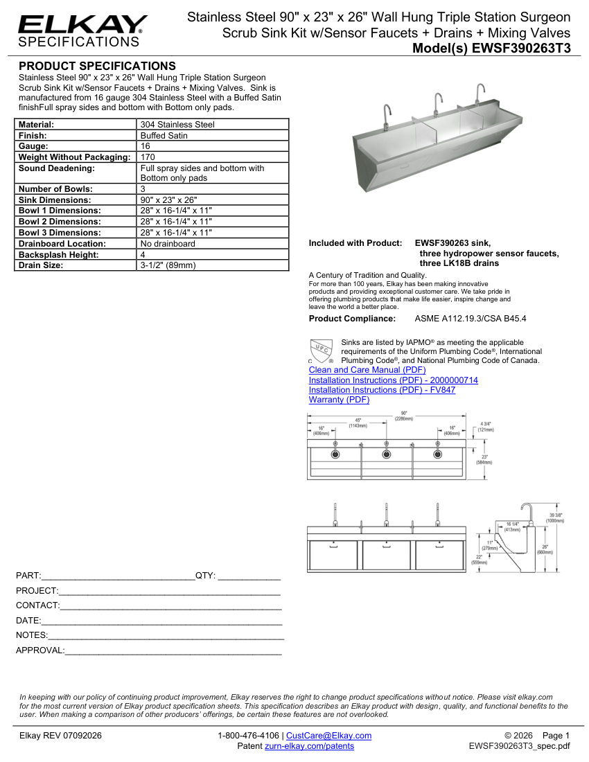 Elkay EWSF390263T3 cut sheet — first page