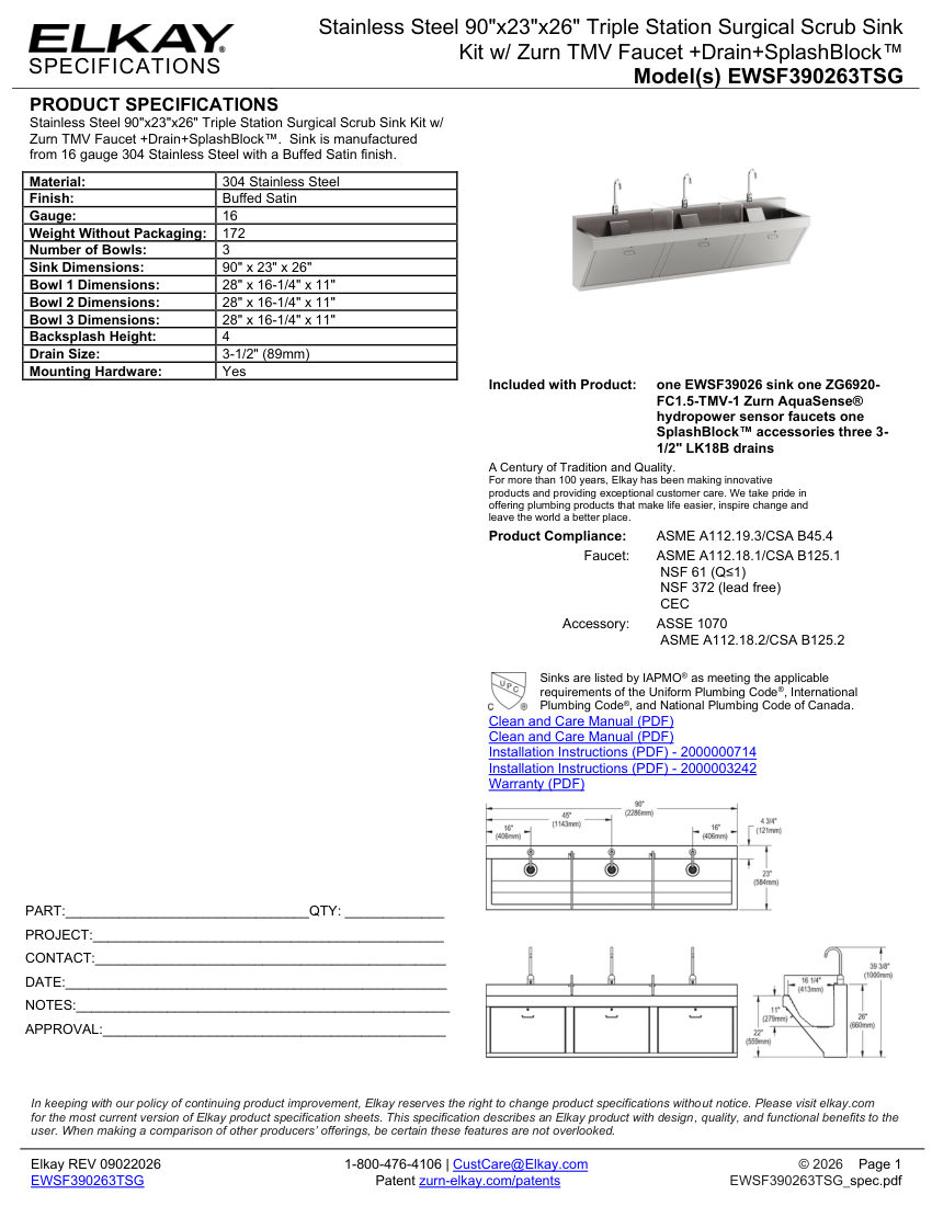 Elkay EWSF390263TSG cut sheet — first page