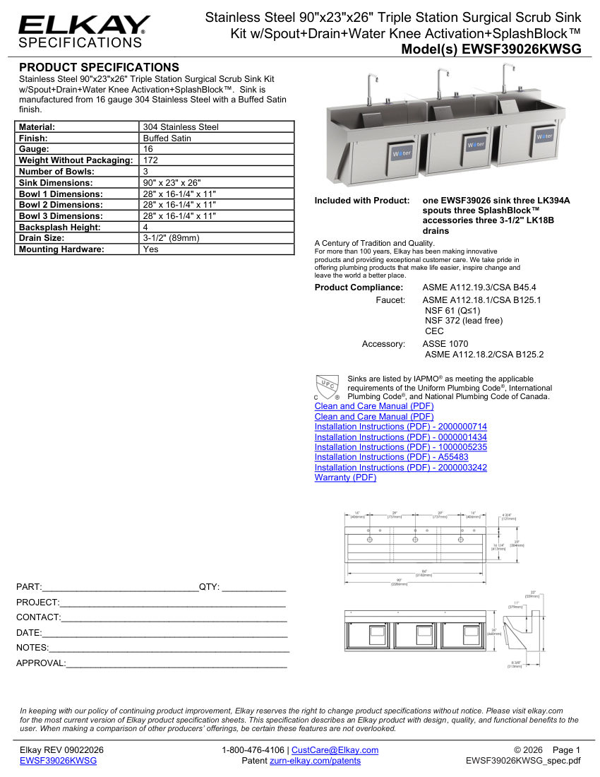 Elkay EWSF39026KWSG cut sheet — first page