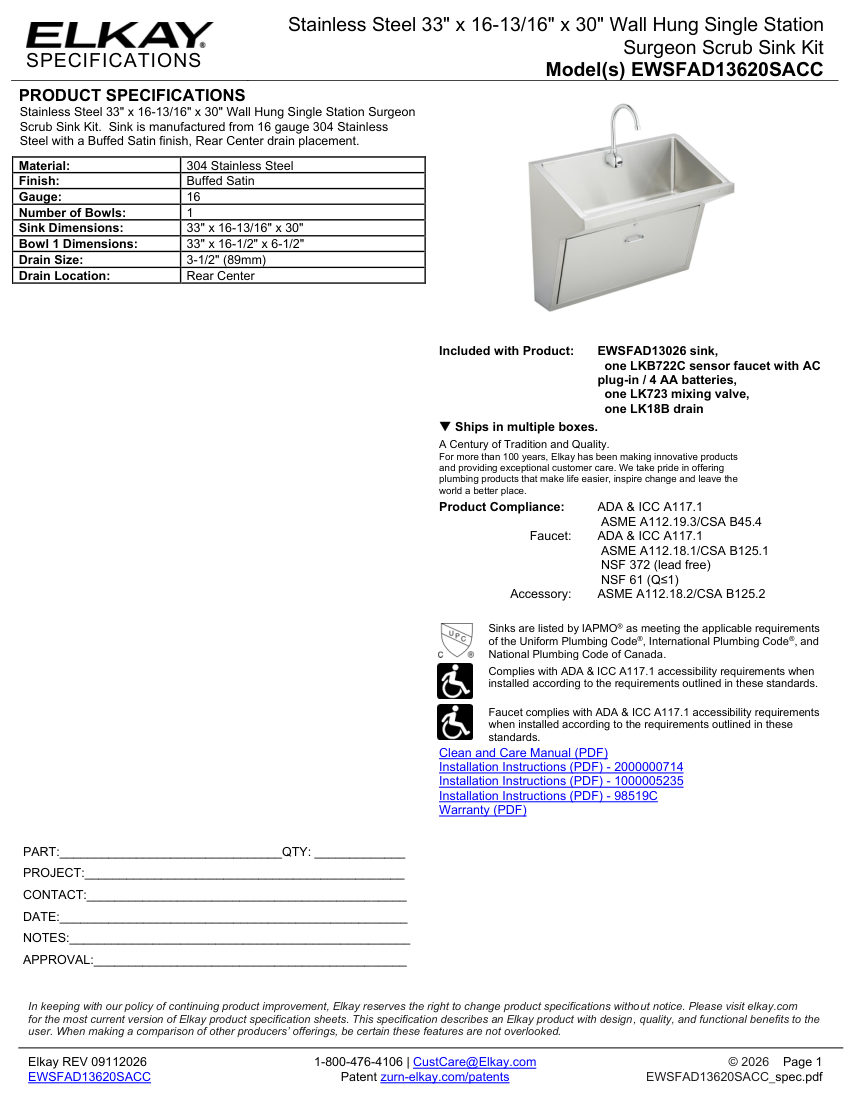 Elkay EWSFAD13620SACC cut sheet — first page