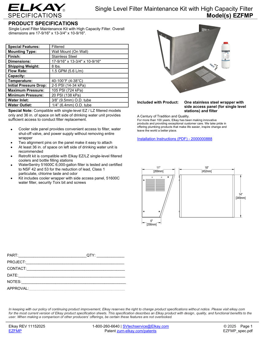 Elkay EZFMP cut sheet — first page
