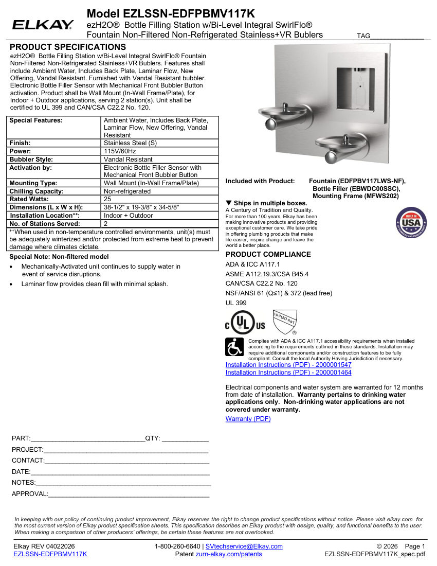 Elkay EZLSSN-EDFPBMV117K cut sheet — first page