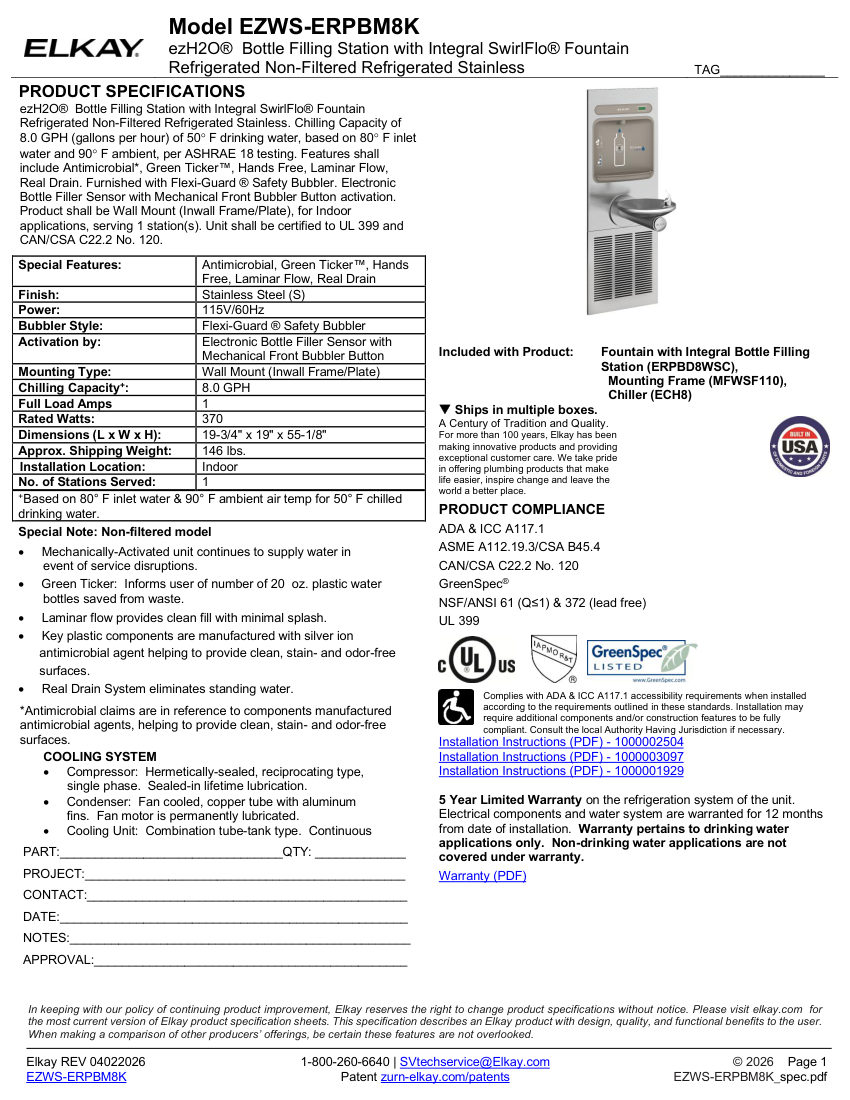 Elkay EZWS-ERPBM8K cut sheet — first page
