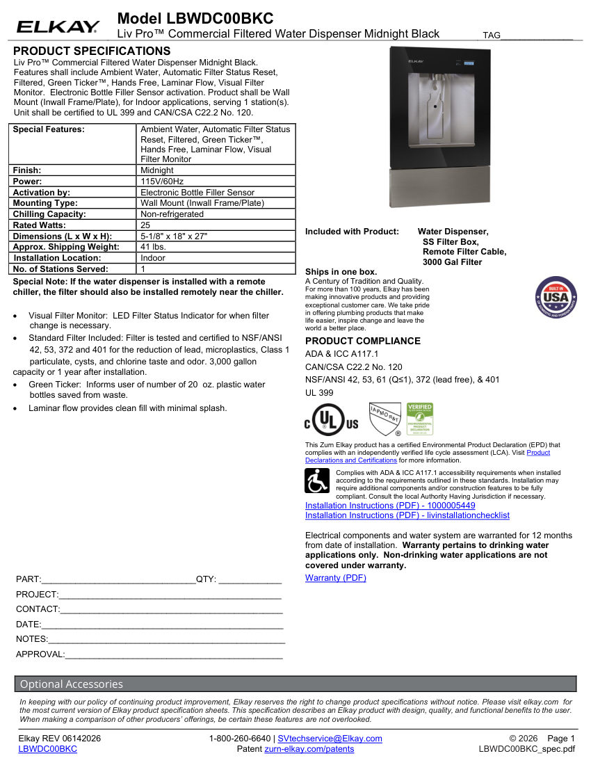 Elkay LBWDC00BKC cut sheet — first page