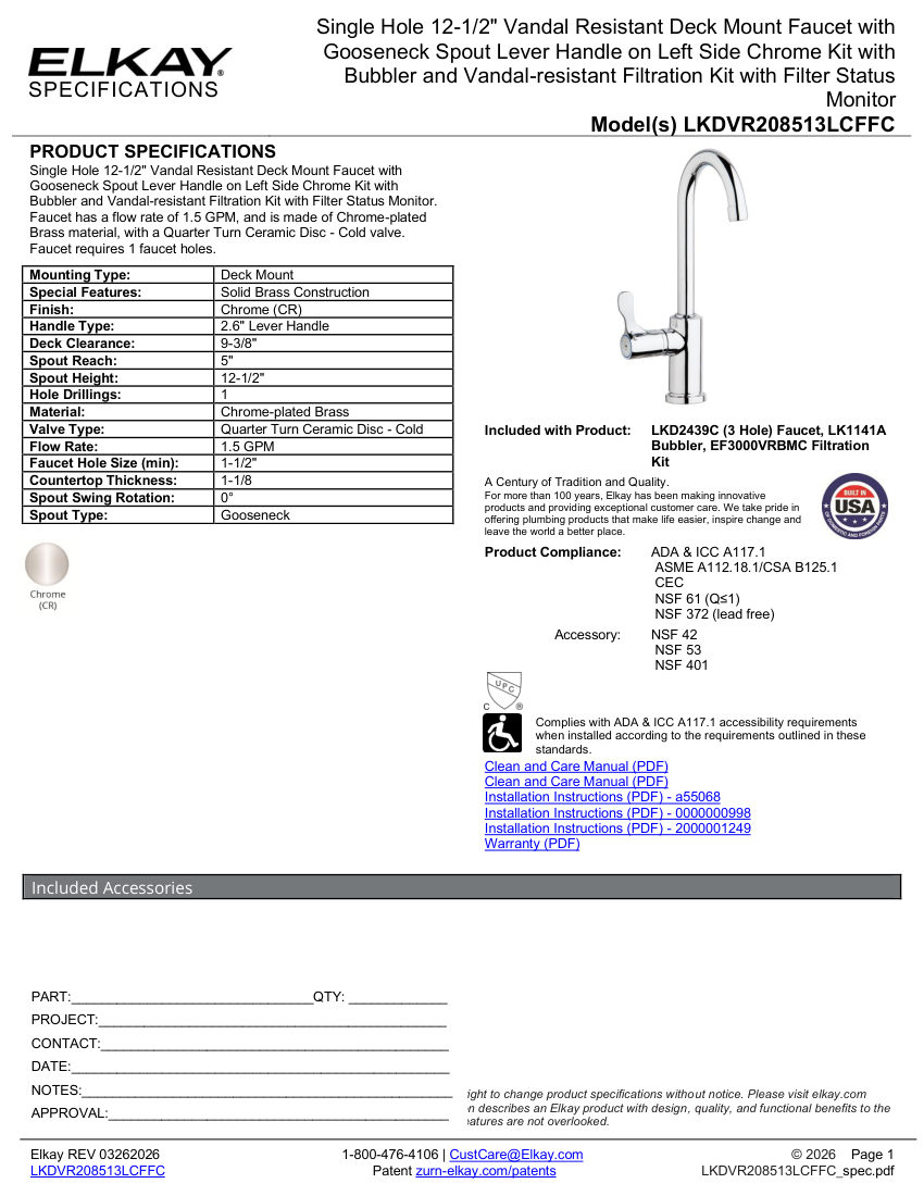 Elkay LKDVR208513LCFFC cut sheet — first page