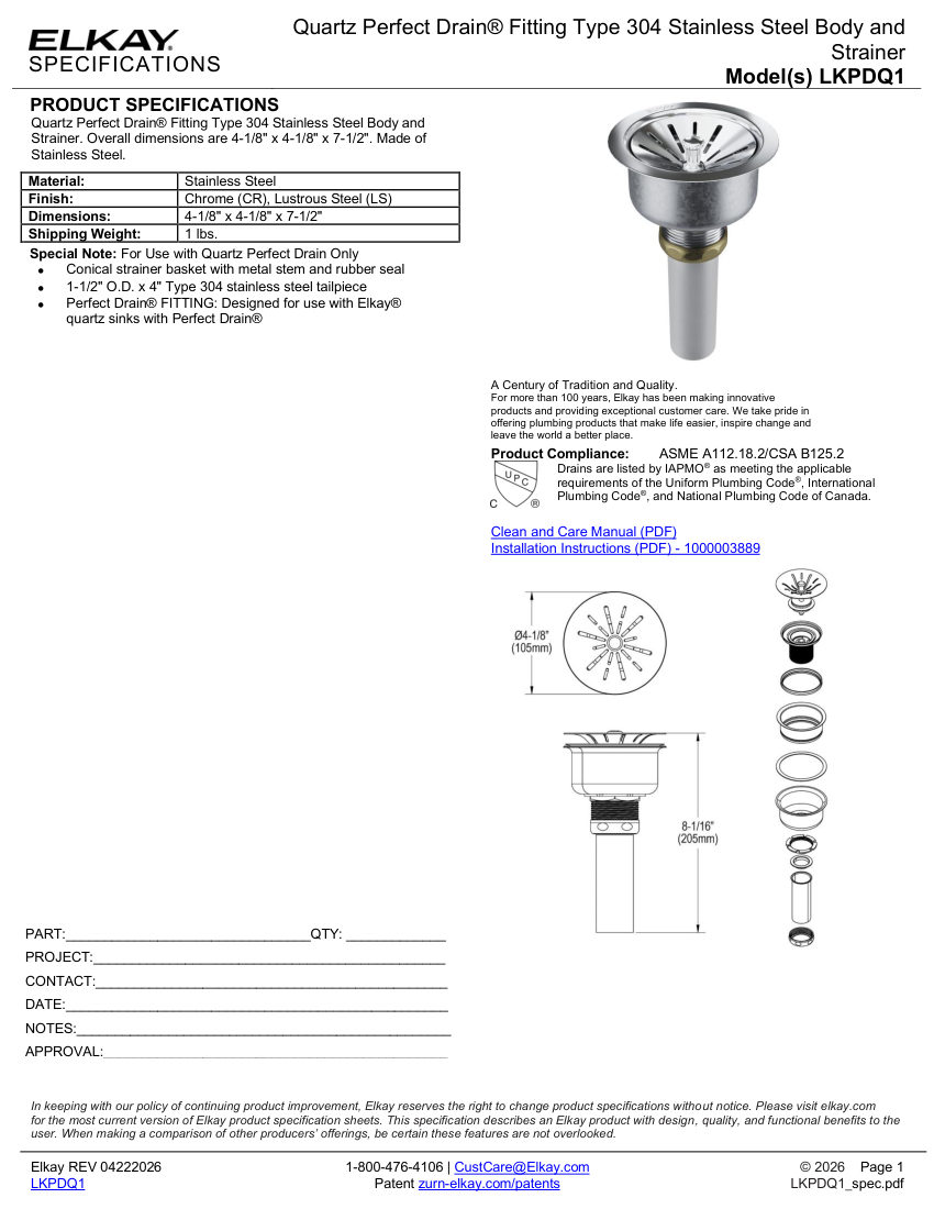 Elkay LKPDQ1LS cut sheet — first page