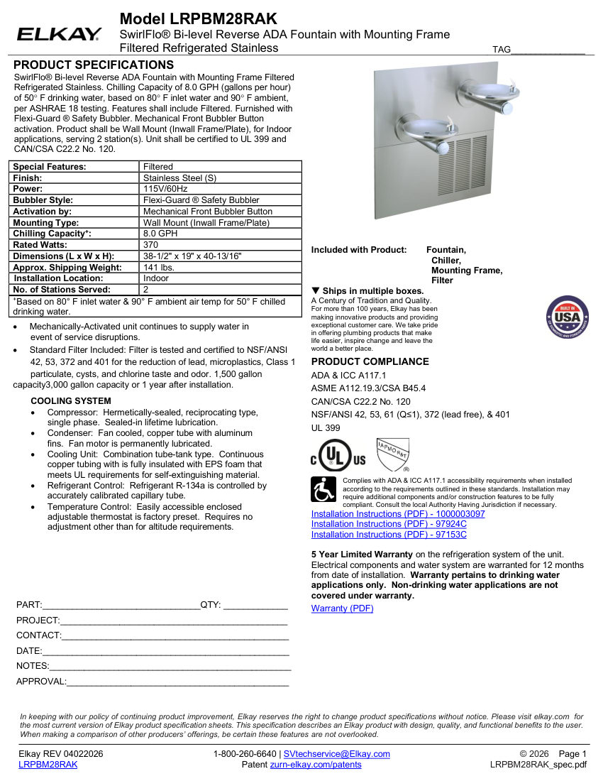 Elkay LRPBM28RAK cut sheet — first page