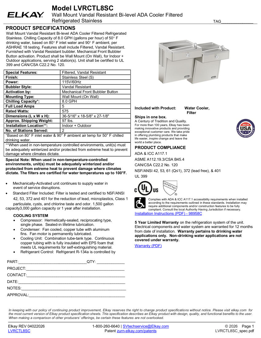 Elkay LVRCTL8SC cut sheet — first page