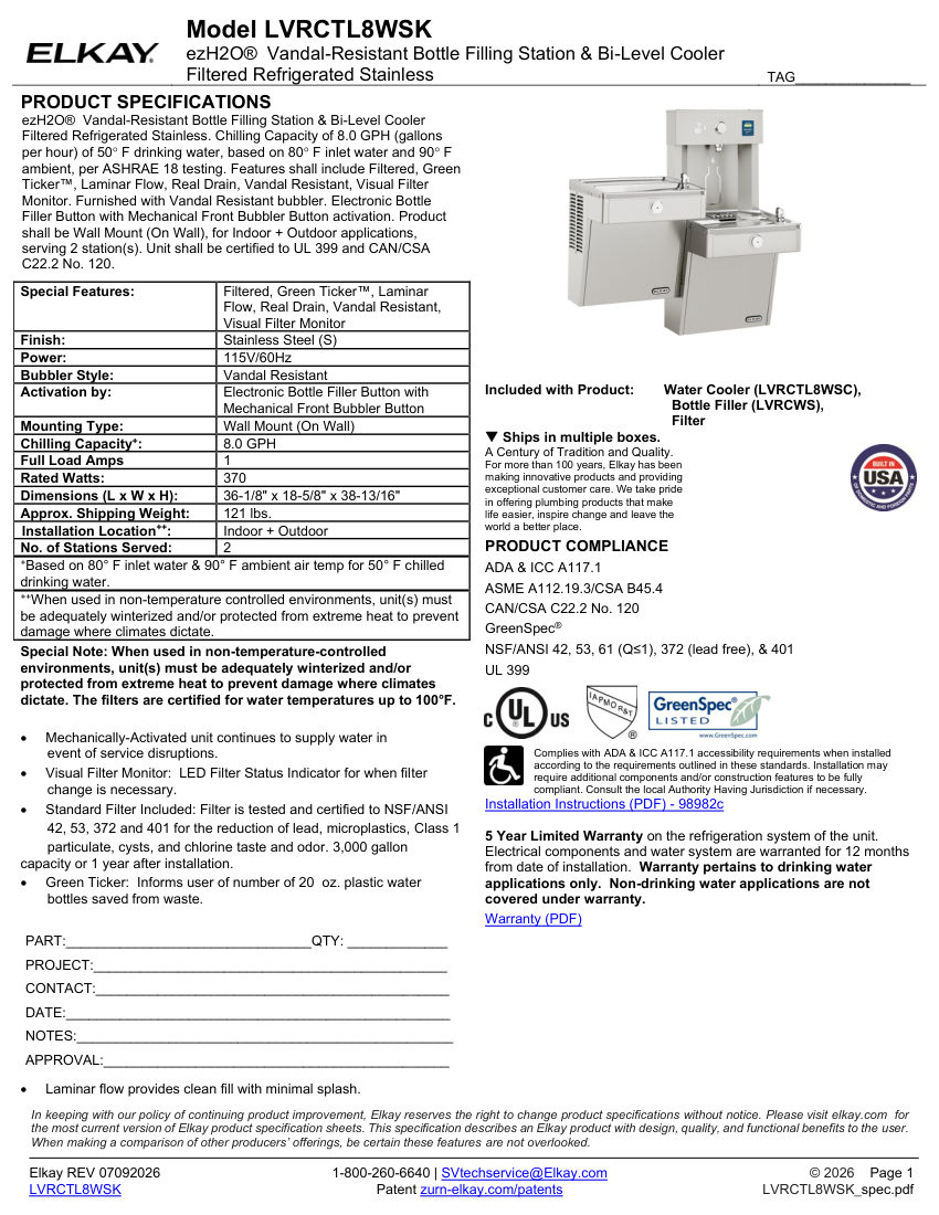 Elkay LVRCTL8WSK cut sheet — first page