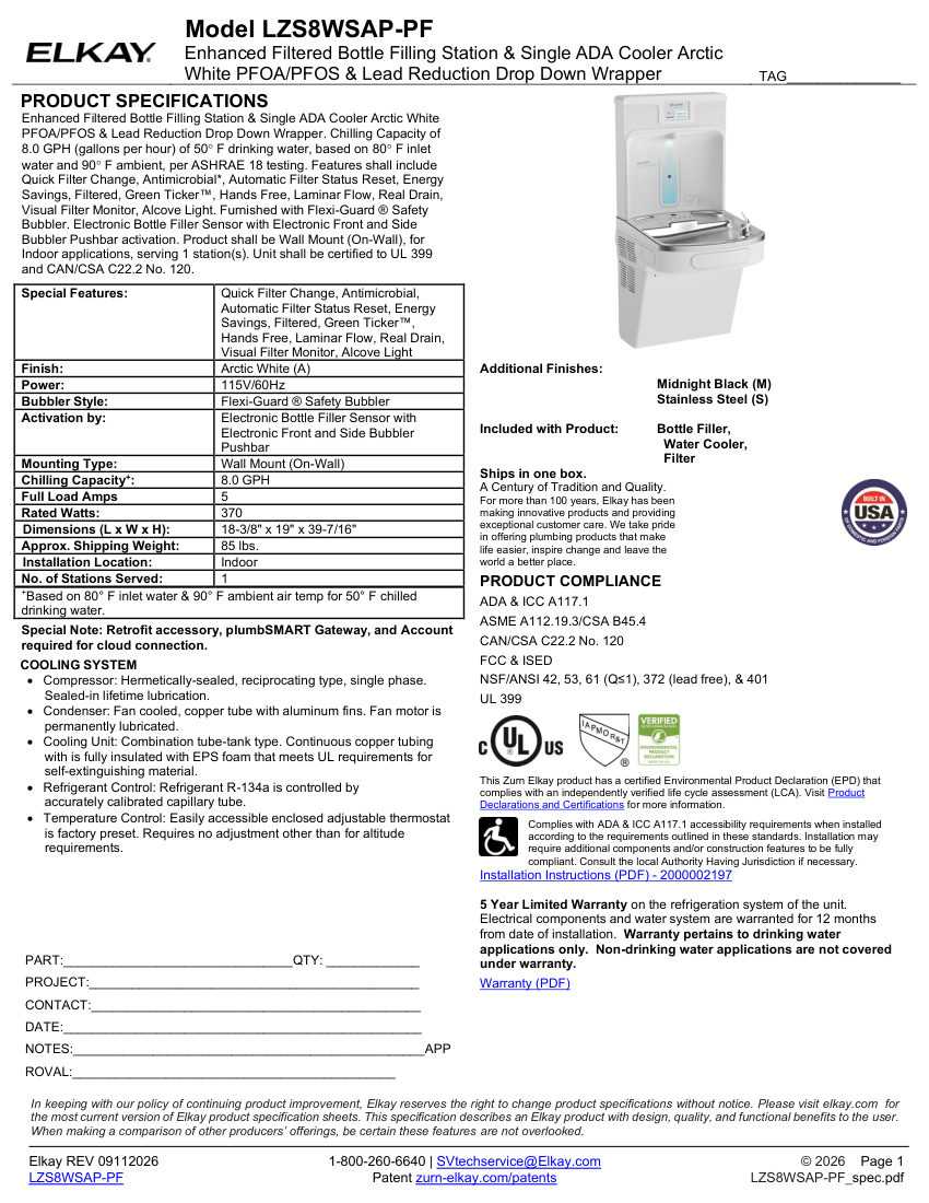 Elkay LZS8WSAP-PF cut sheet — first page