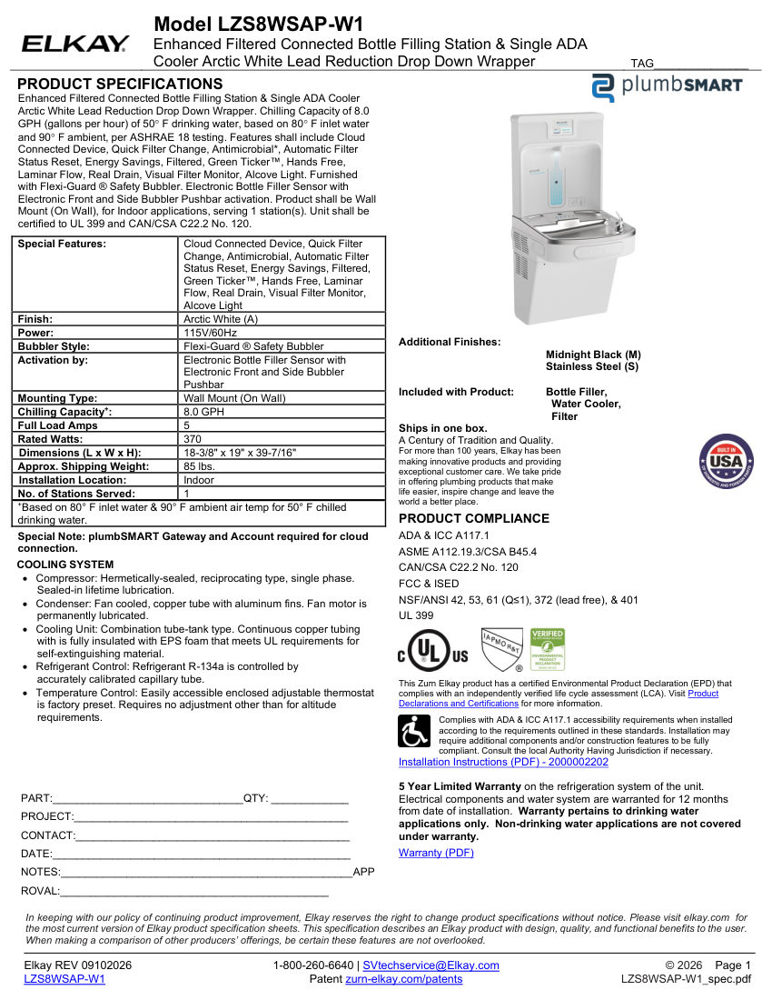 Elkay LZS8WSAP-W1 cut sheet — first page