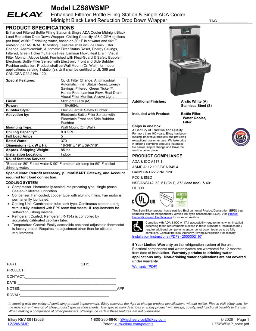 Elkay LZS8WSMP cut sheet — first page