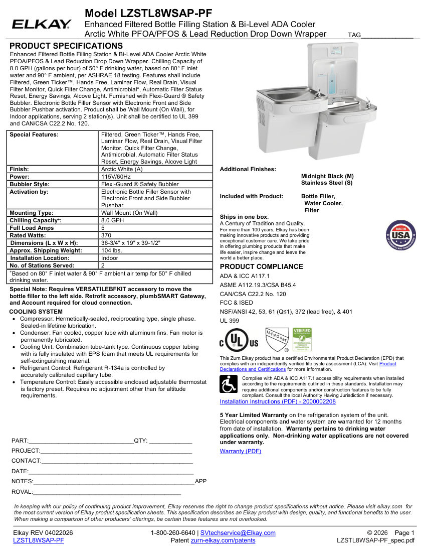 Elkay LZSTL8WSAP-PF cut sheet — first page
