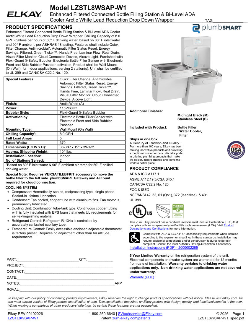 Elkay LZSTL8WSAP-W1 cut sheet — first page