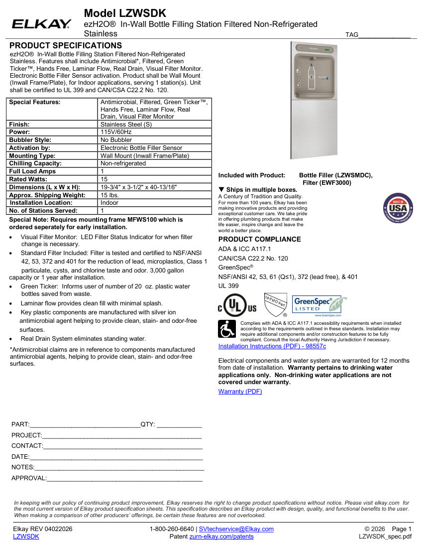 Elkay LZWSDK cut sheet — first page
