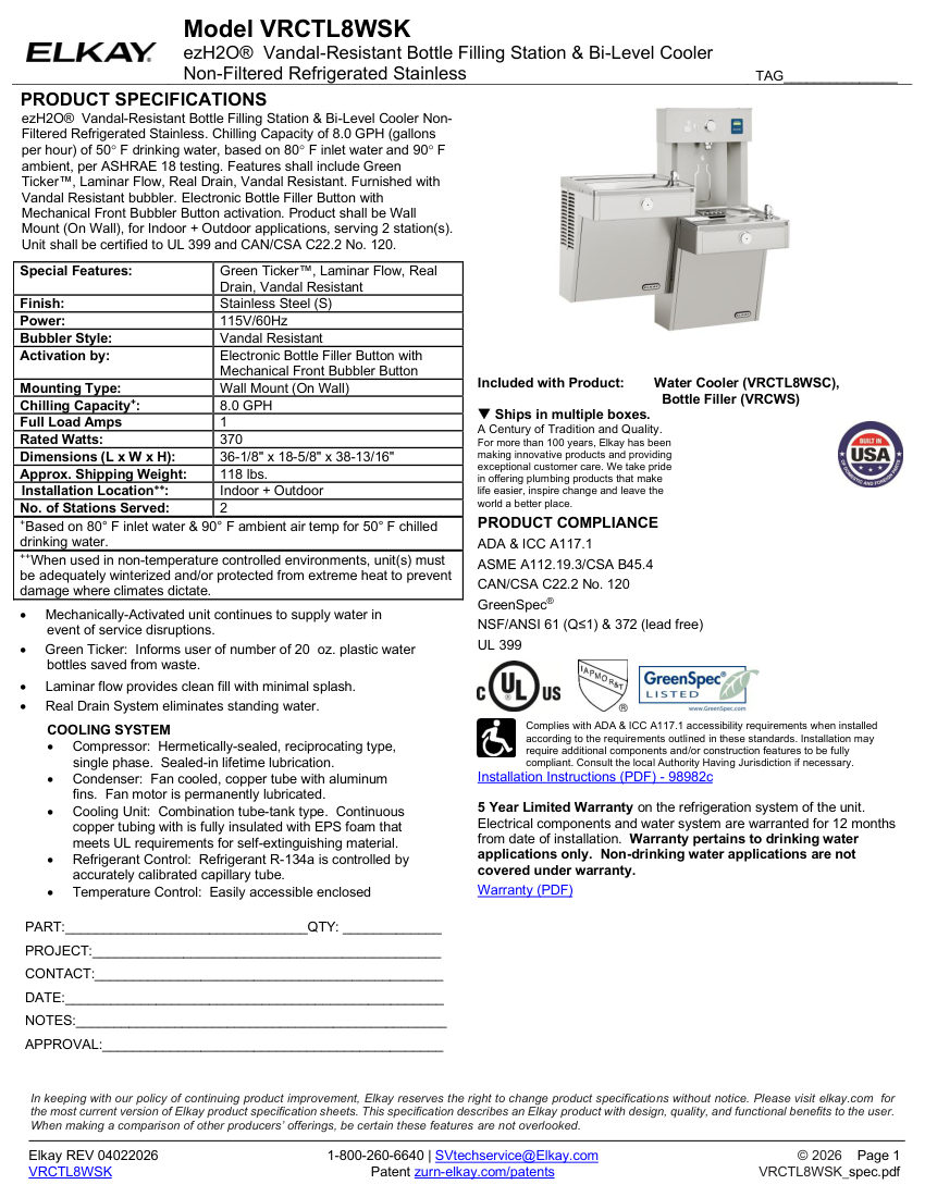 Elkay VRCTL8WSK cut sheet — first page