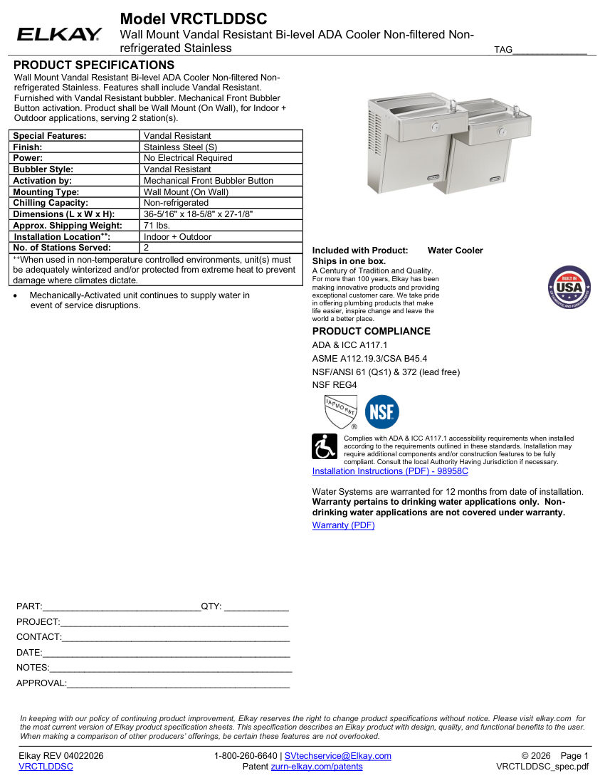 Elkay VRCTLDDSC cut sheet — first page
