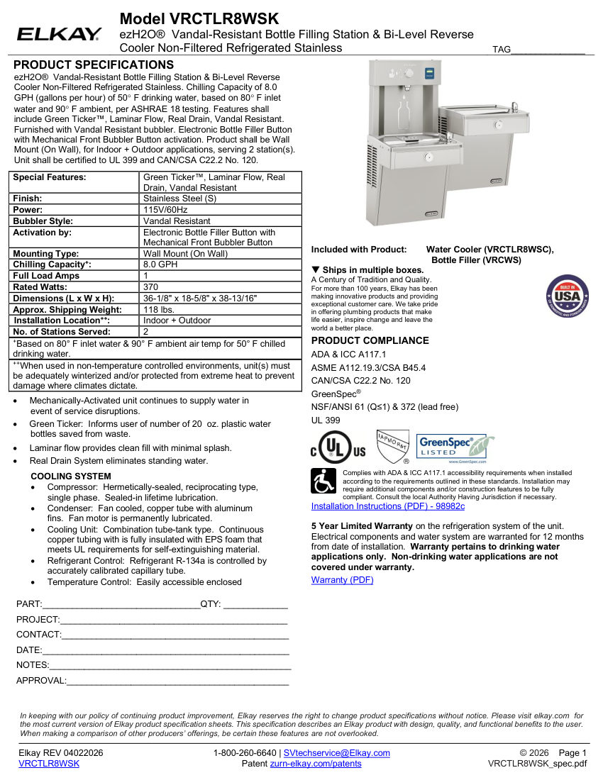 Elkay VRCTLR8WSK cut sheet — first page