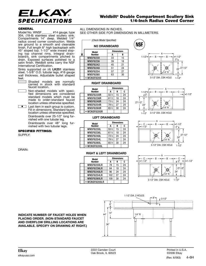 Elkay WNSF82484 cut sheet — first page