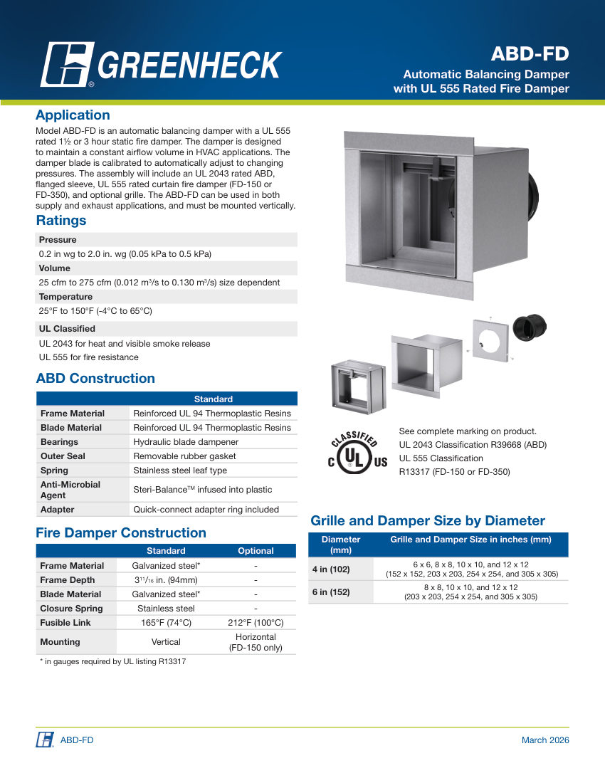 Greenheck abd-fd balancing damper cut sheet — first page