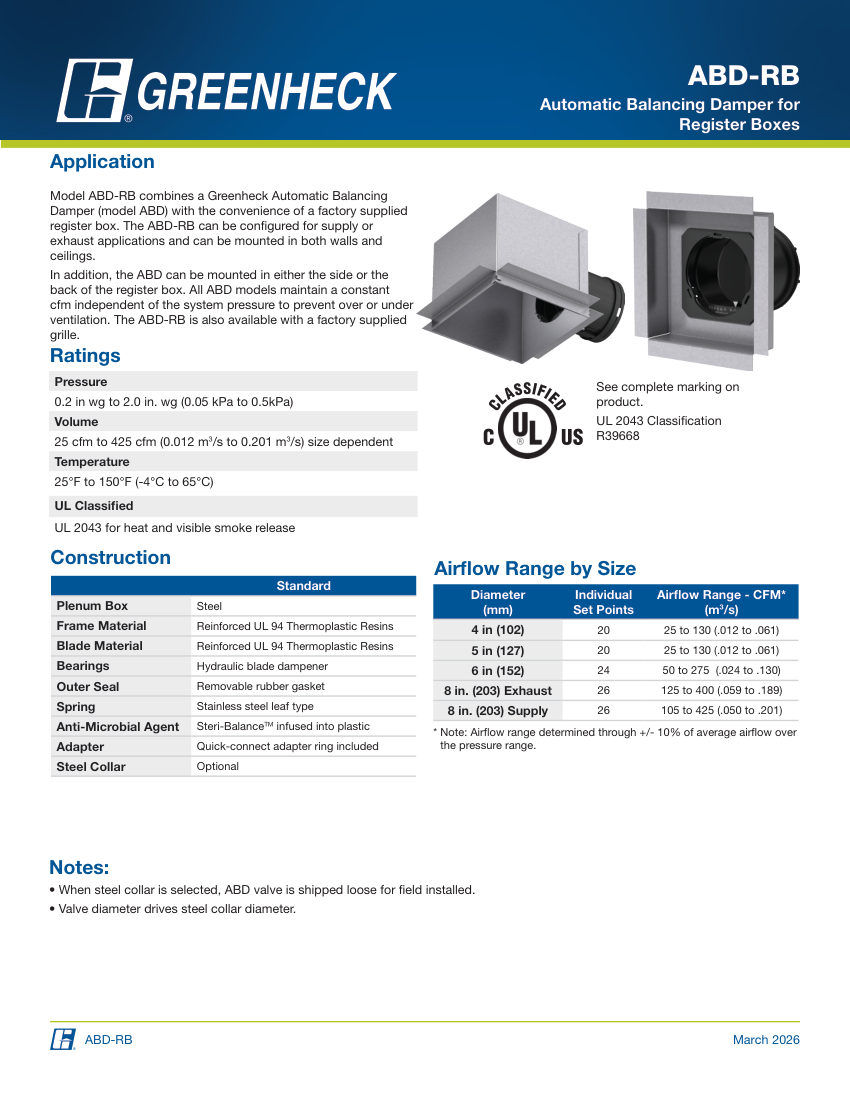 Greenheck abd-rb balancing damper cut sheet — first page
