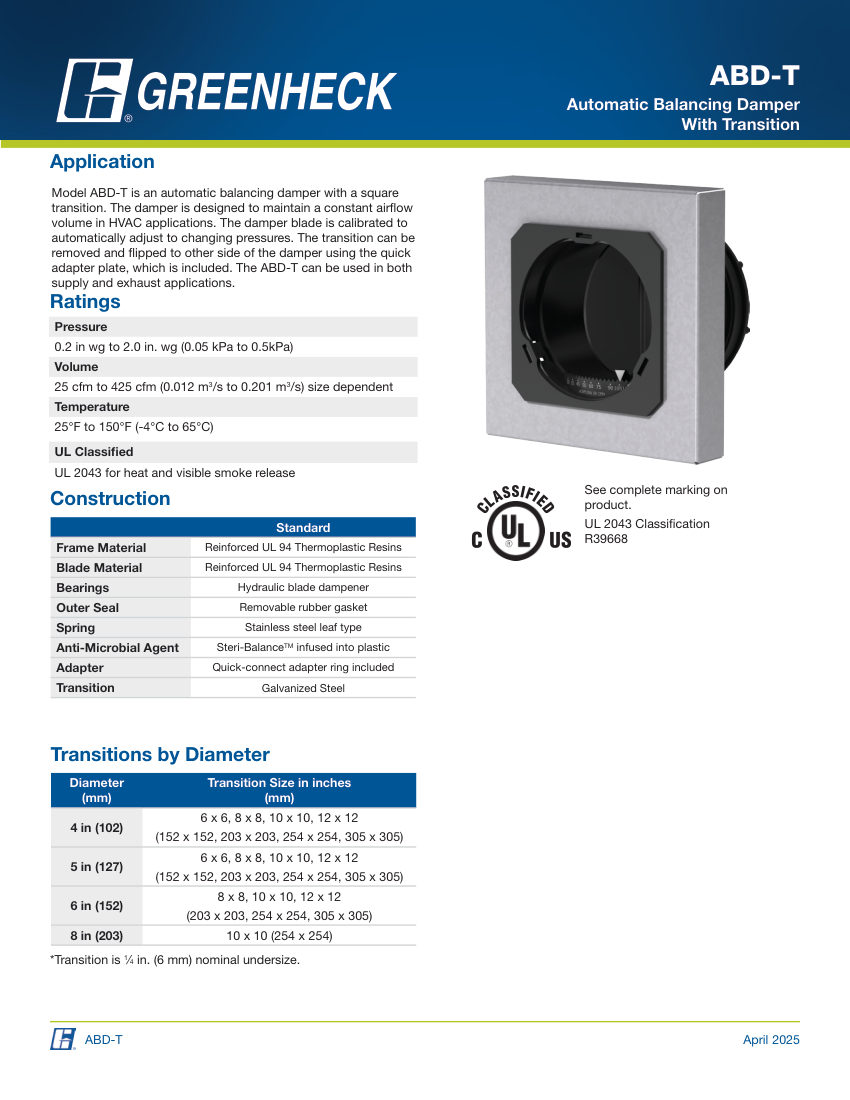 Greenheck abd-t balancing damper cut sheet — first page