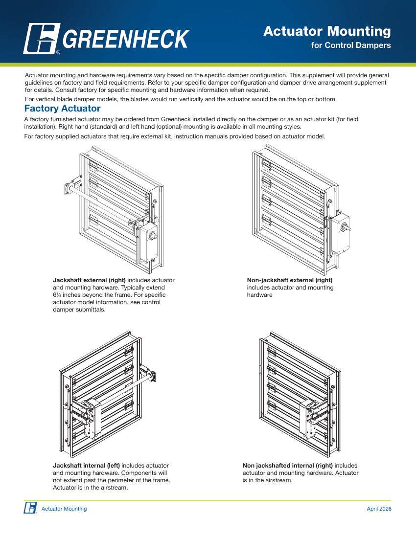 Greenheck actuator mounting for control dampers cut sheet — first page