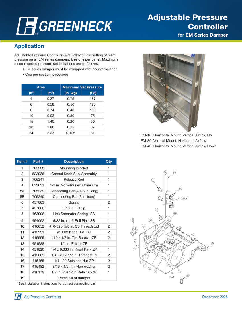 Greenheck adjustable pressure controller (apc) for em series cut sheet — first page