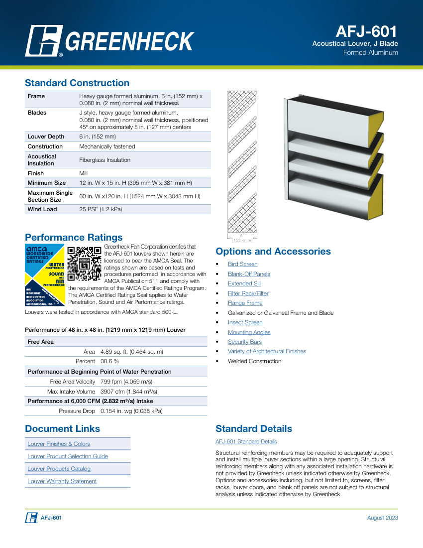 Greenheck afj-601 cut sheet — first page