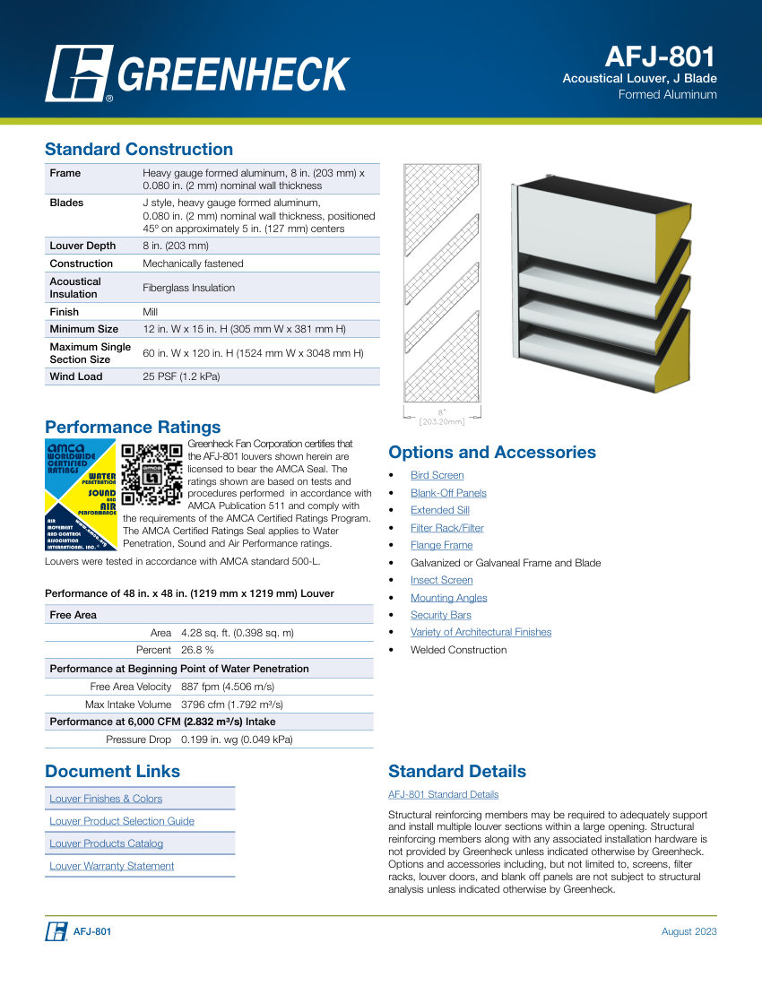 Greenheck afj-801 cut sheet — first page