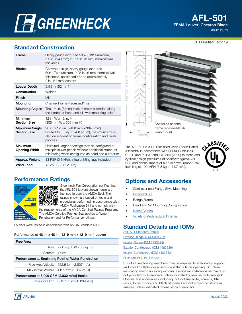 Greenheck afl-501 cut sheet — first page