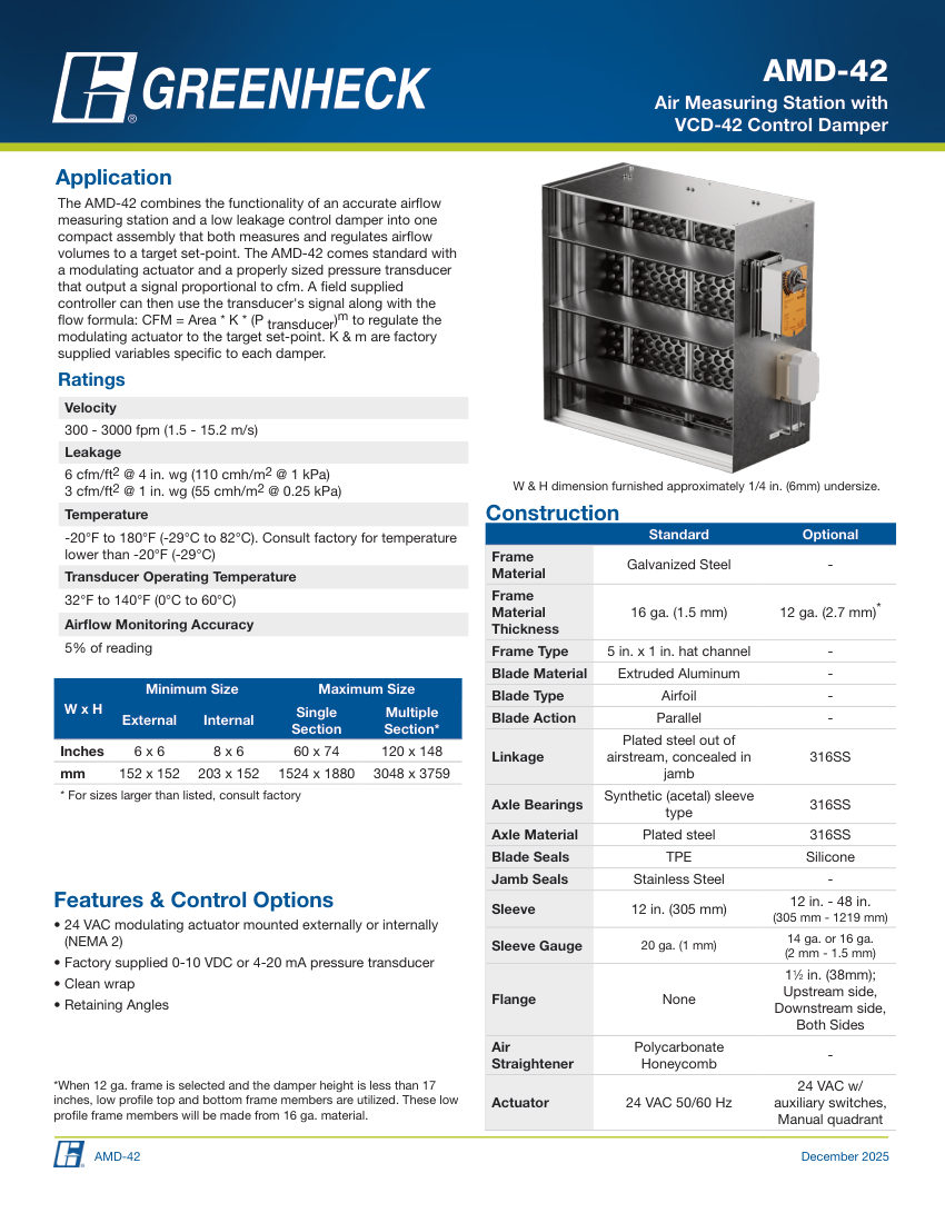 Greenheck amd-42 cut sheet — first page